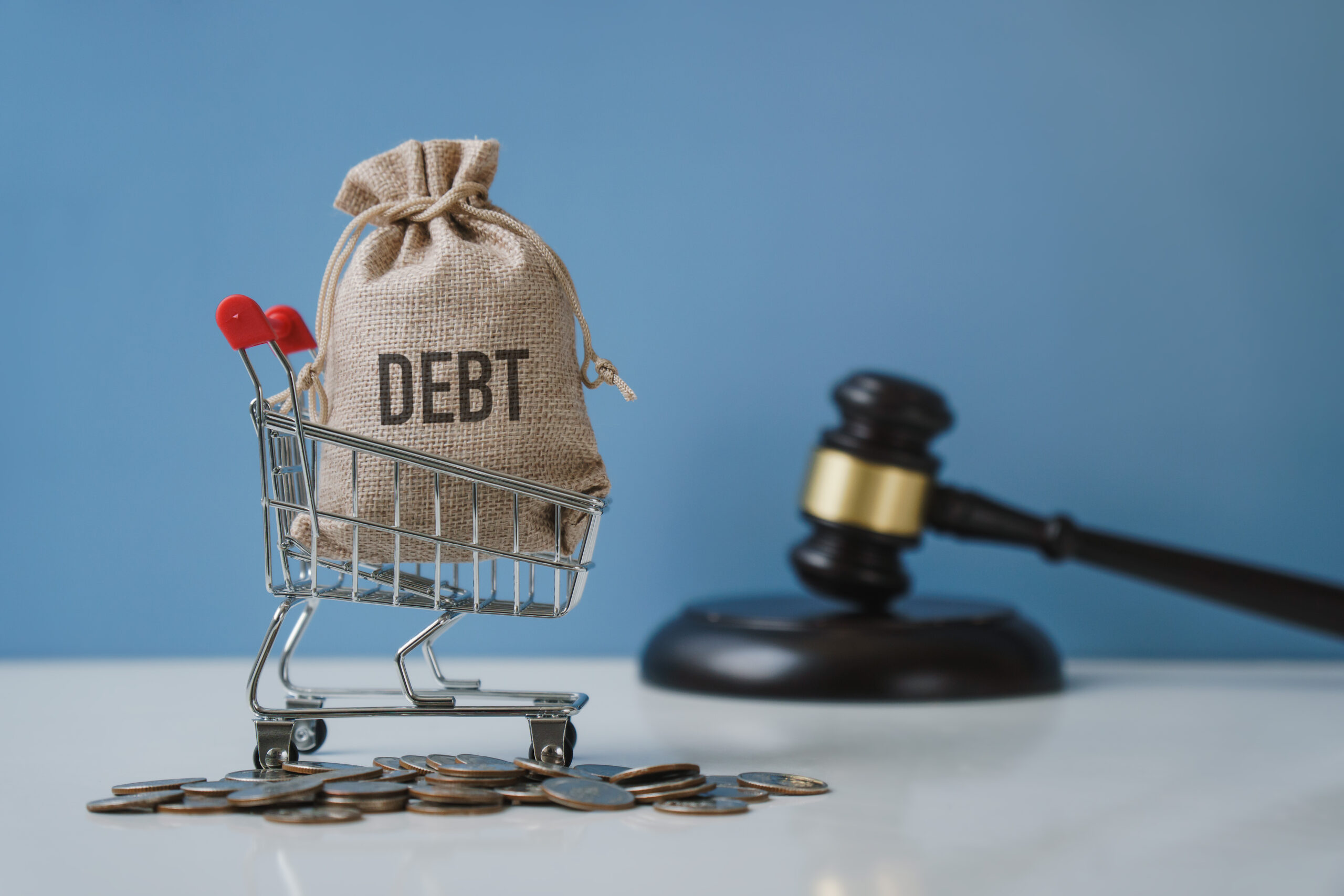 Debt. Money bag and shopping trolley with the hammer of the judge. Concept of financial crisis and problems. Risk management. Debt exemption. Credit and loan.